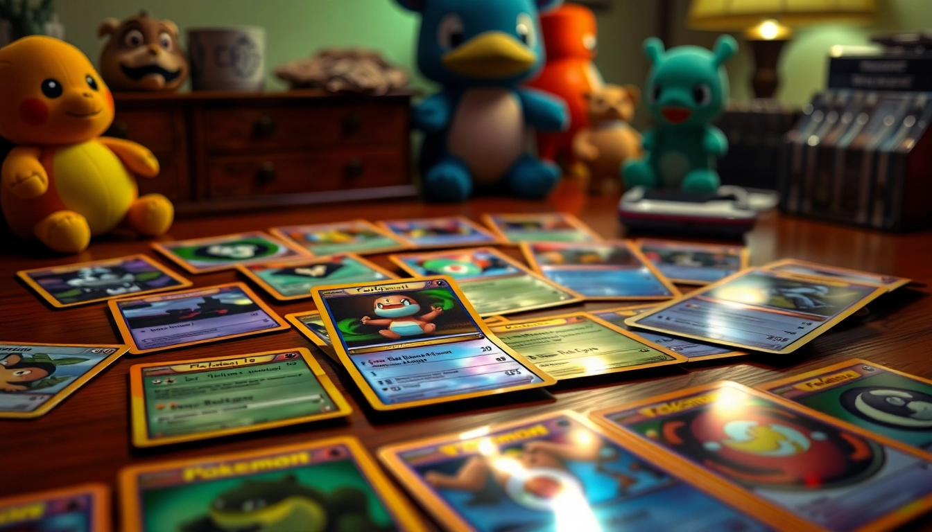 Display of real pokemon cards showcasing their vibrant colors, holographic effects, and iconic illustrations.