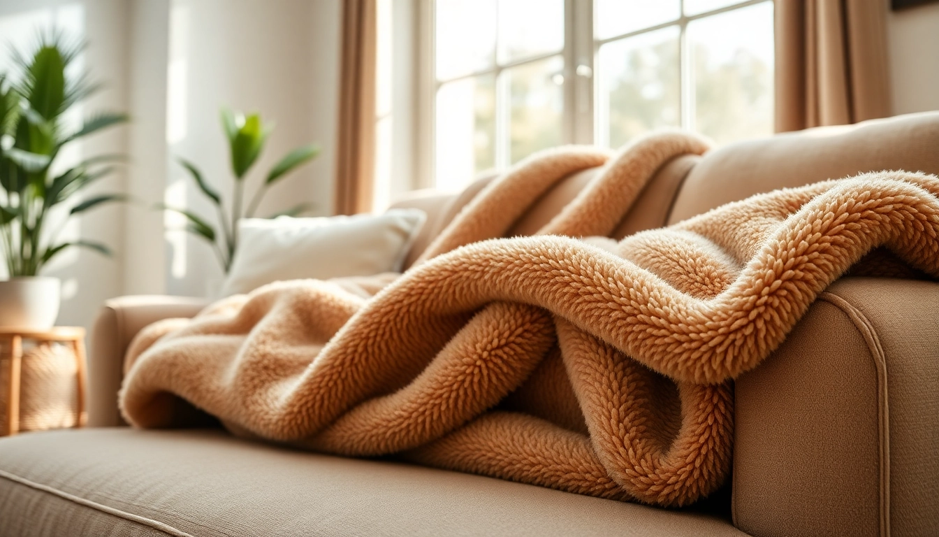 Fleece stof prachtig gedrapeerd over een bank in een gezellige woonkamer.