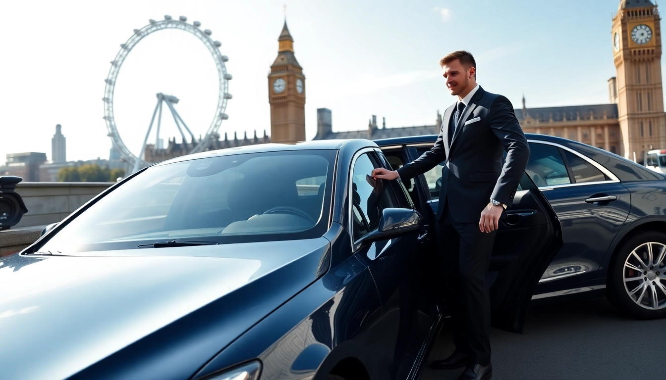 Experience luxury chauffeur hire london with a professional chauffeur welcoming passengers to an elegant car.