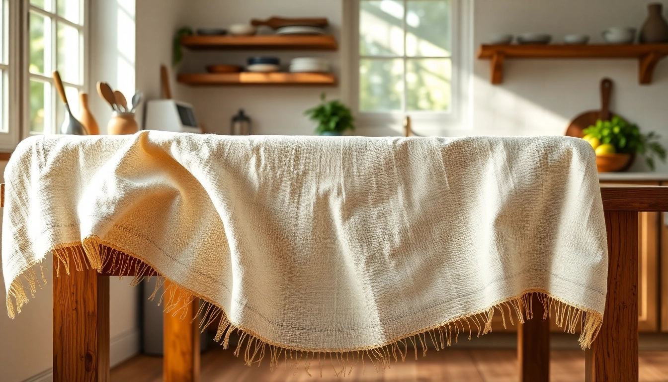 Kaasdoek op een houten tafel, toont het textuur en de toepassing in de keuken.