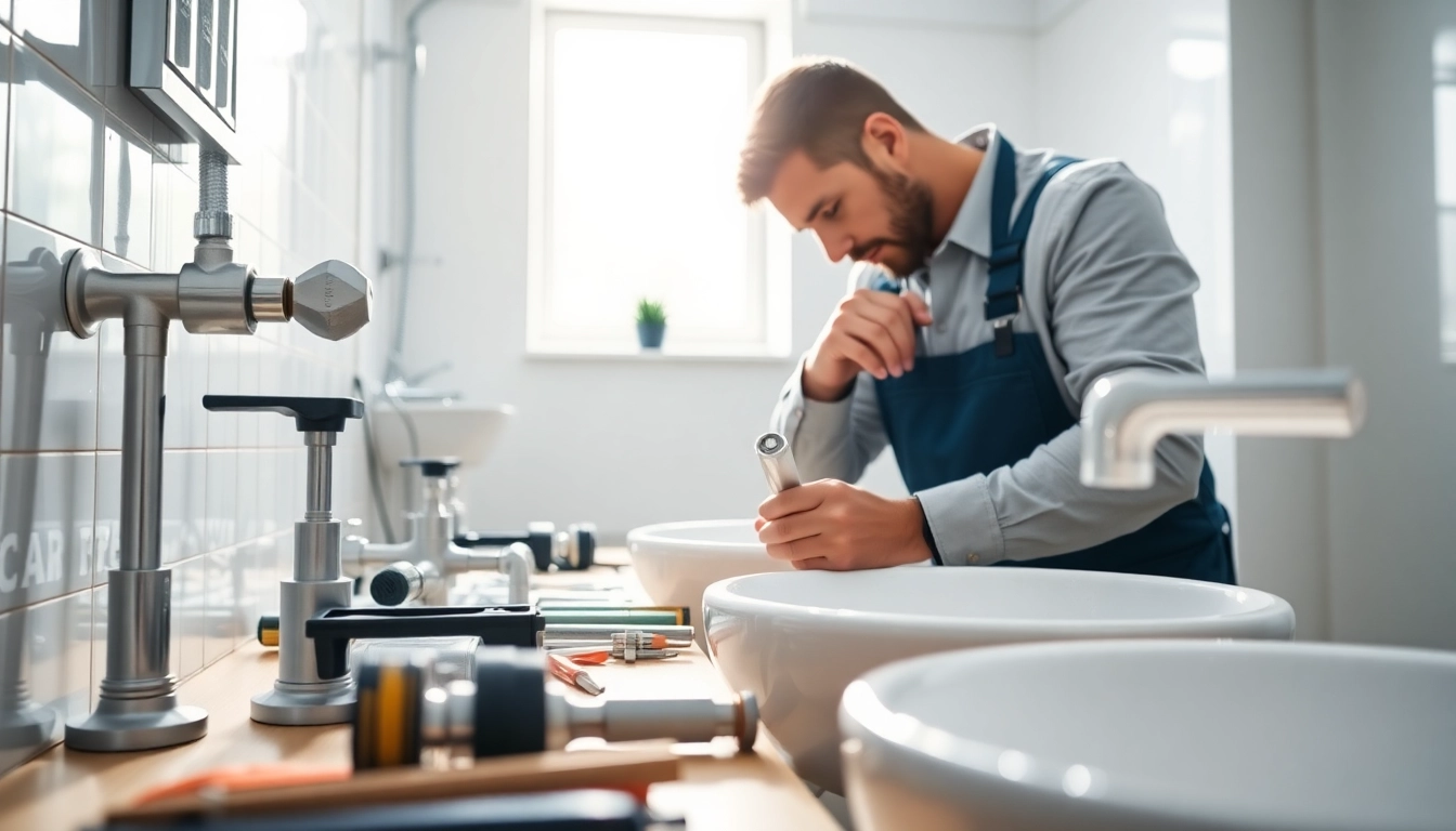 Plumbing technician installs a faucet in a well-lit bathroom setting.
