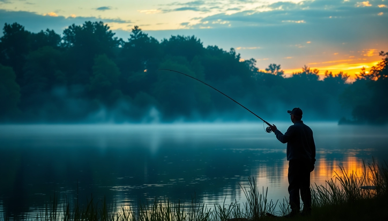 Fly fishing for bass in a tranquil early morning setting with mist over the lake.
